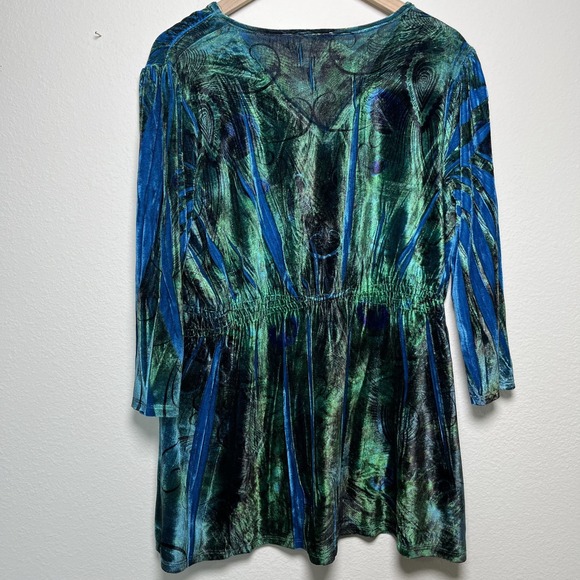 Women‎ Y2K Crushed Velvet Babydoll Top 1X Blue Green Empire Waist 3/4 Sleeve - Picture 9 of 10